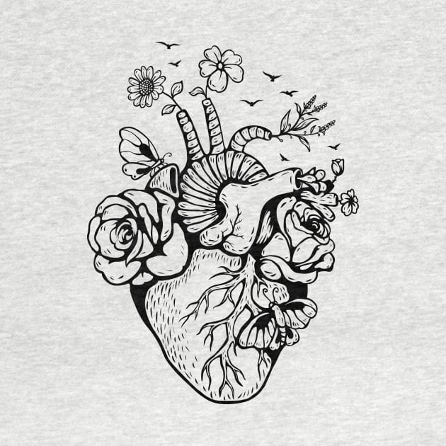 Anatomical Black and white heart witl flowers by BlindVibes